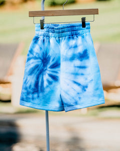 triple blue swirl-dyed sweat shorts